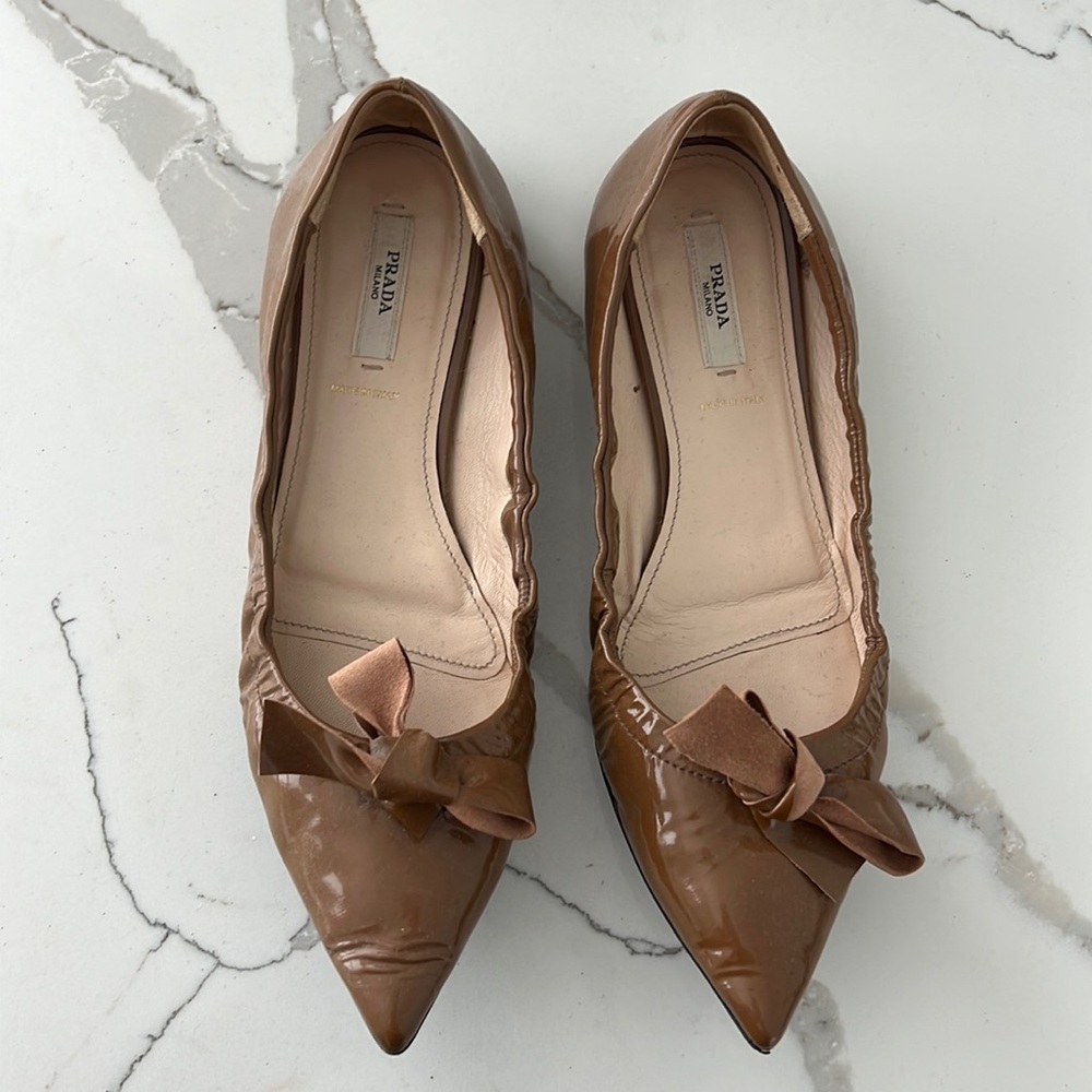 Brown patent leather Prada flats